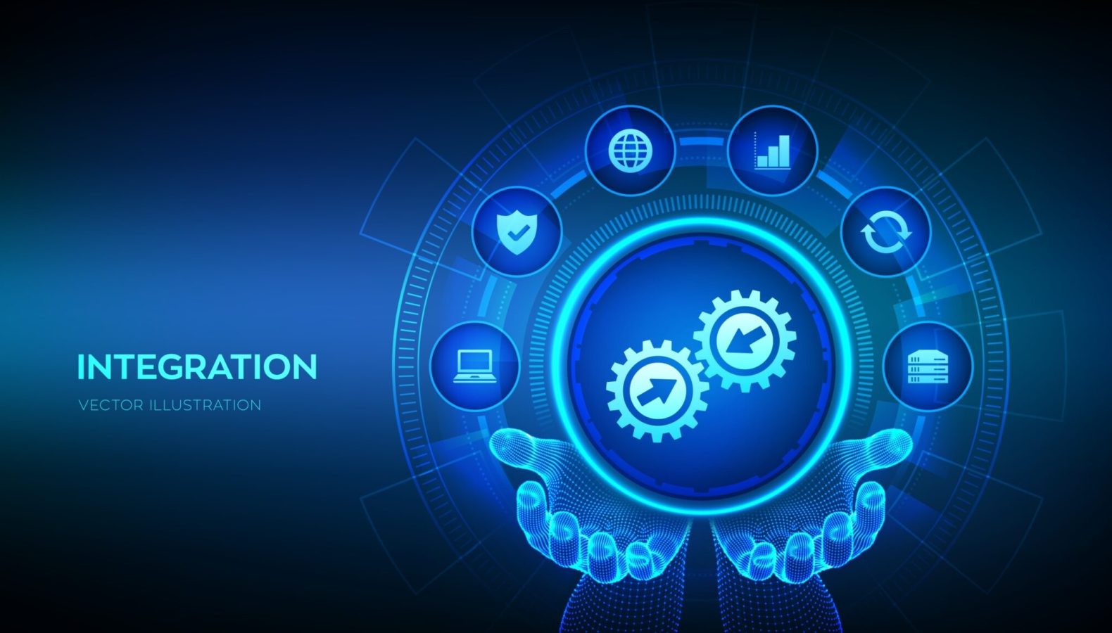 Integration,data,system.,system,integration,technology,concept,in,wireframe,hands.